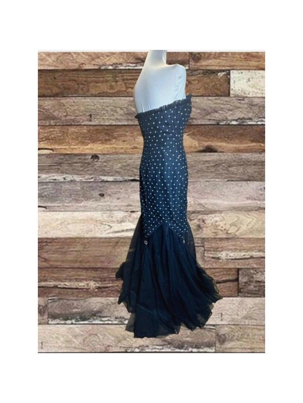 Vintage Y2K Strapless Sequin Mermaid Gown Black Tulle Formal Dress sz 10 - Picture 4 of 10